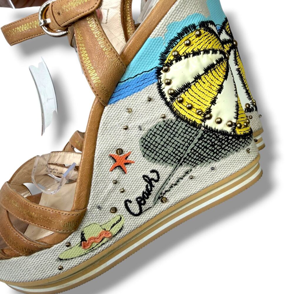COACH Caroline Tan Leather Beach Embroidered Motifs Wedge Platform Sandals - Picture 7 of 16